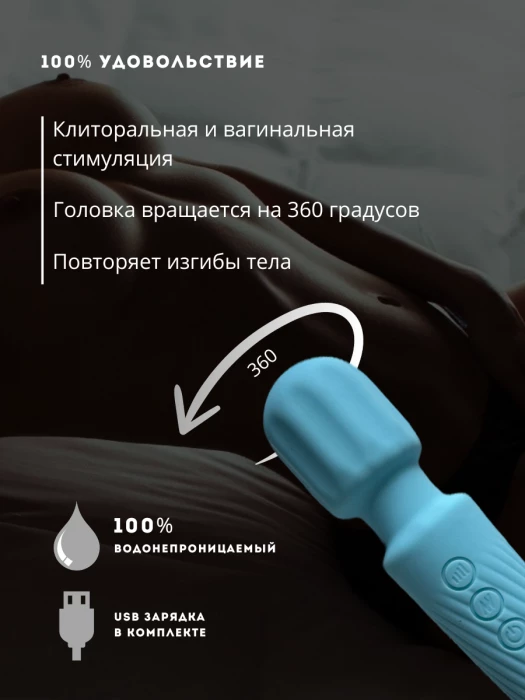 Вибратор мощный wand 20 режимов и 8 скоростей голубой
